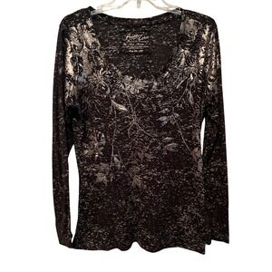 Point Zero Long Sleeve V Neck Metallic Floral Print Foil Top Women's Size XL